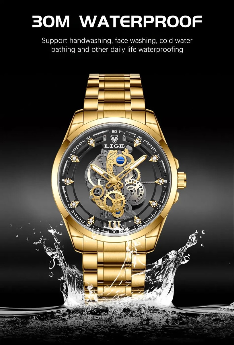Montre Chronographe Homme Luxe Squelette - Doré, Cadran Noir, Quartz, Étanche 30m - Lige (Neuf Avec étiquettes)