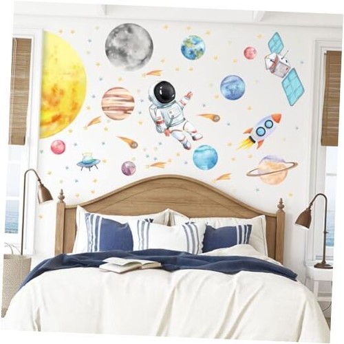 Space Astronaut Spacecraft Wall Decals - Watercolor Solar System Wall Stickers