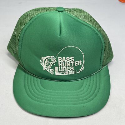 Vintage BASS Hunter Lures Snapback Trucker Hat Cap Green Mesh NOS
