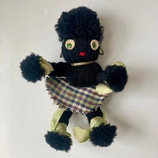 VTG Black Yarn Doll Rag 5" Girl African Cajun Braided Legs Hoop Earrings Ethnic