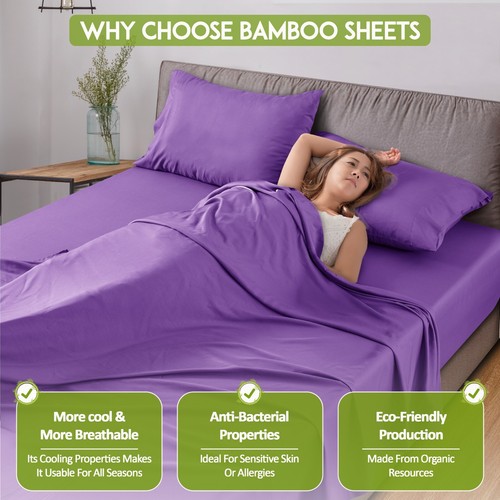 4-Piece Premium Bamboo Bed Sheet Set Deep Pocket Breathable Soft Bamboo Sheets - Picture 39 of 80