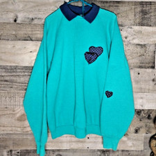 Vintage 90s Teal Green Hearts  Bows Collared Pullover Sweatshirt Extra Large