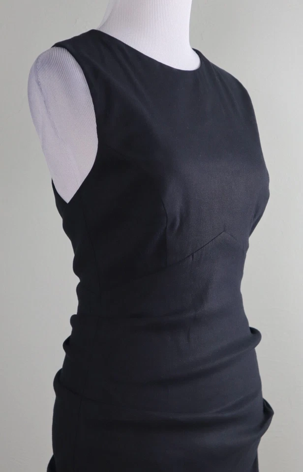 NICOLE MILLER COLLECTION $295 Solid Black Pin Tuck Linen Twist Back Dress Size 2 - Image 3 of 4