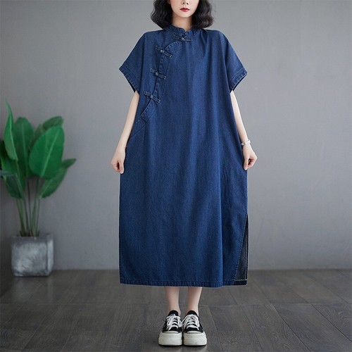 Womens Literary Retro Ethnic Style Buckle Denim Dress Large Size Robes