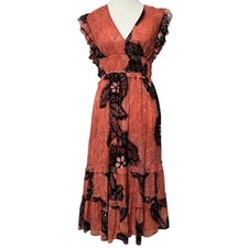 Ulla Johnson Akira Dress Size 4 Coral Floral Gold Metallic Midi Wedding Guest