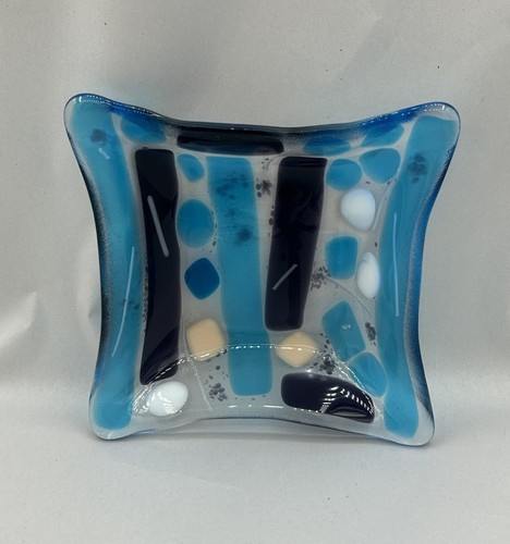 Blue Purple Abstract Shapes Fused Art Glass Square Sloped Trinket Candy Dish 5"