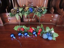 Xmas Tree Picks Gold Roses  Pine Cones Blue/Red Fruit-Holly Berries Lot of 7 4