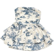 Cider Toile Print Strapless Mini Dress Blue White Tiered Cottagecore Coquette