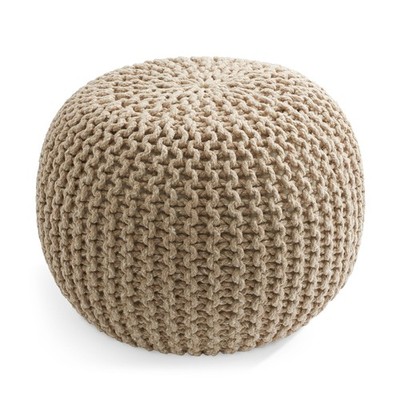 Round Cotton Pouf Ottoman, Beige - 20 x 20 x 14.5 Knit Foot Stool Pouffe