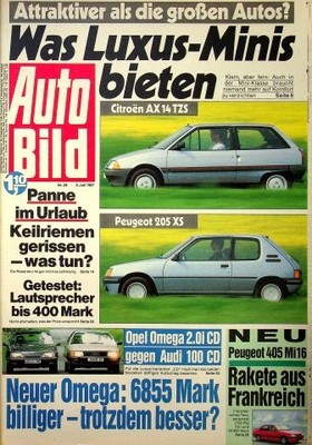 2) Auto Bild 28/1987 - Peugeot 405 Mi 16 mit 158PS - Opel Ascona GLS 2.0i mit 11