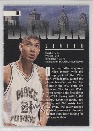 1997 Score Board Draft Day Tim Duncan #1B Rookie RC HOF - Picture 2 of 3