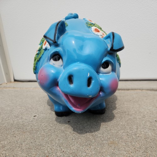 Vintage Giant Piggy Bank Universal Statuary 1976 Blue White Flowers Pig Floral - Picture 2 of 7