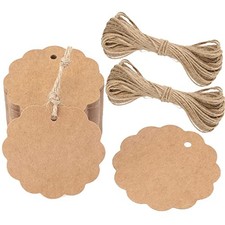 100PCS Brown Craft Scalloped Paper Gift Tags with String, Brown-100pcs-2.4inch