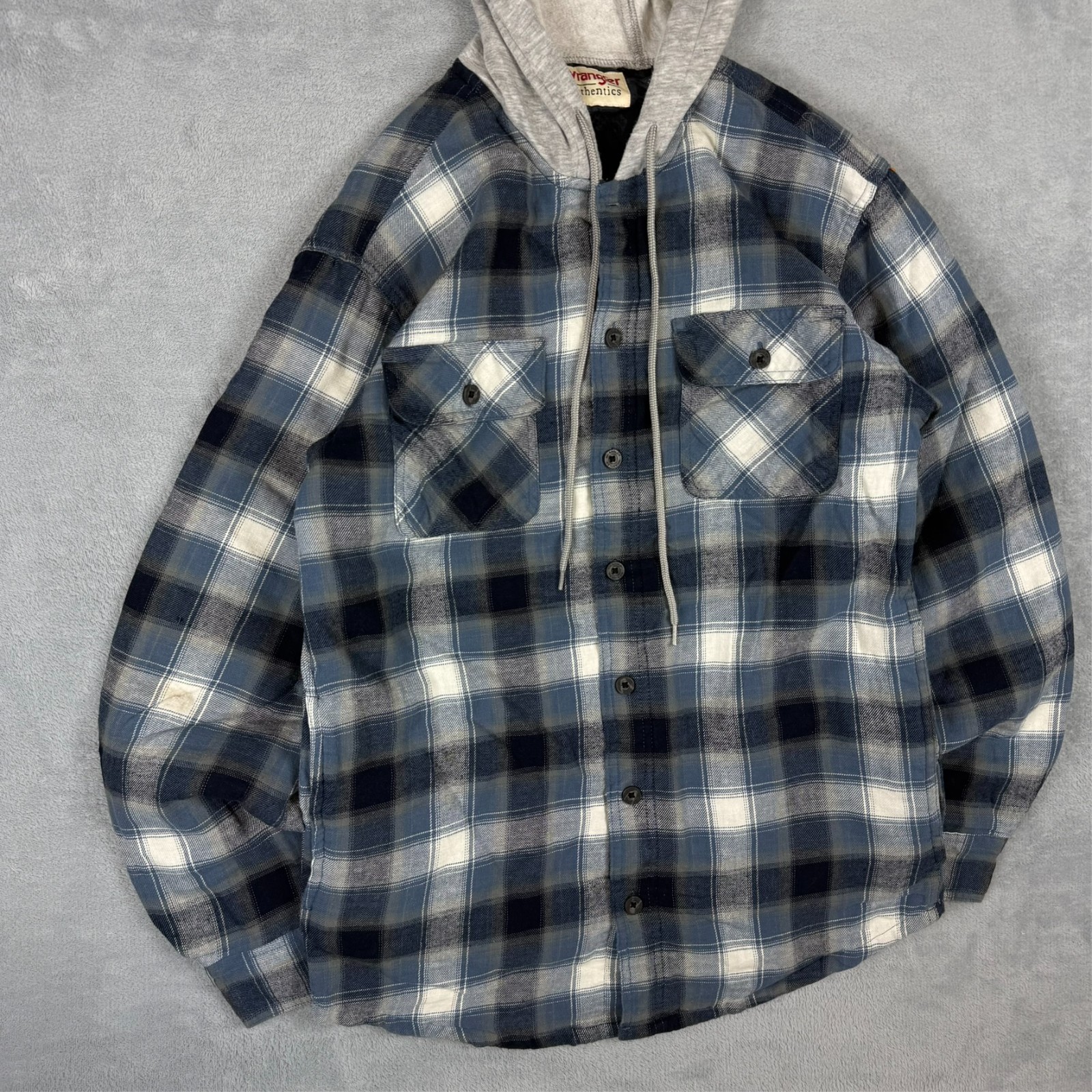 Vintage Wrangler Authentics 2000s Y2K Navy Blue Tartan Small Hooded Shirt Jacket image 2