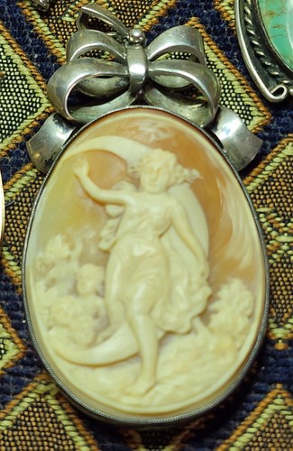 Antique 1800's Large Sterling Silver Carved Cameo • Seven Figures & Moon