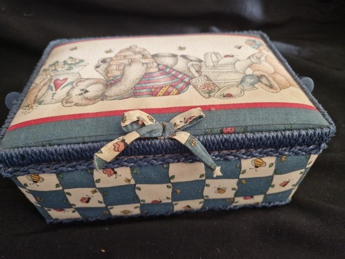 9” Sewing Basket Fabric Wicker Retro Sewing Material Print Wicker Handle - Picture 2 of 6