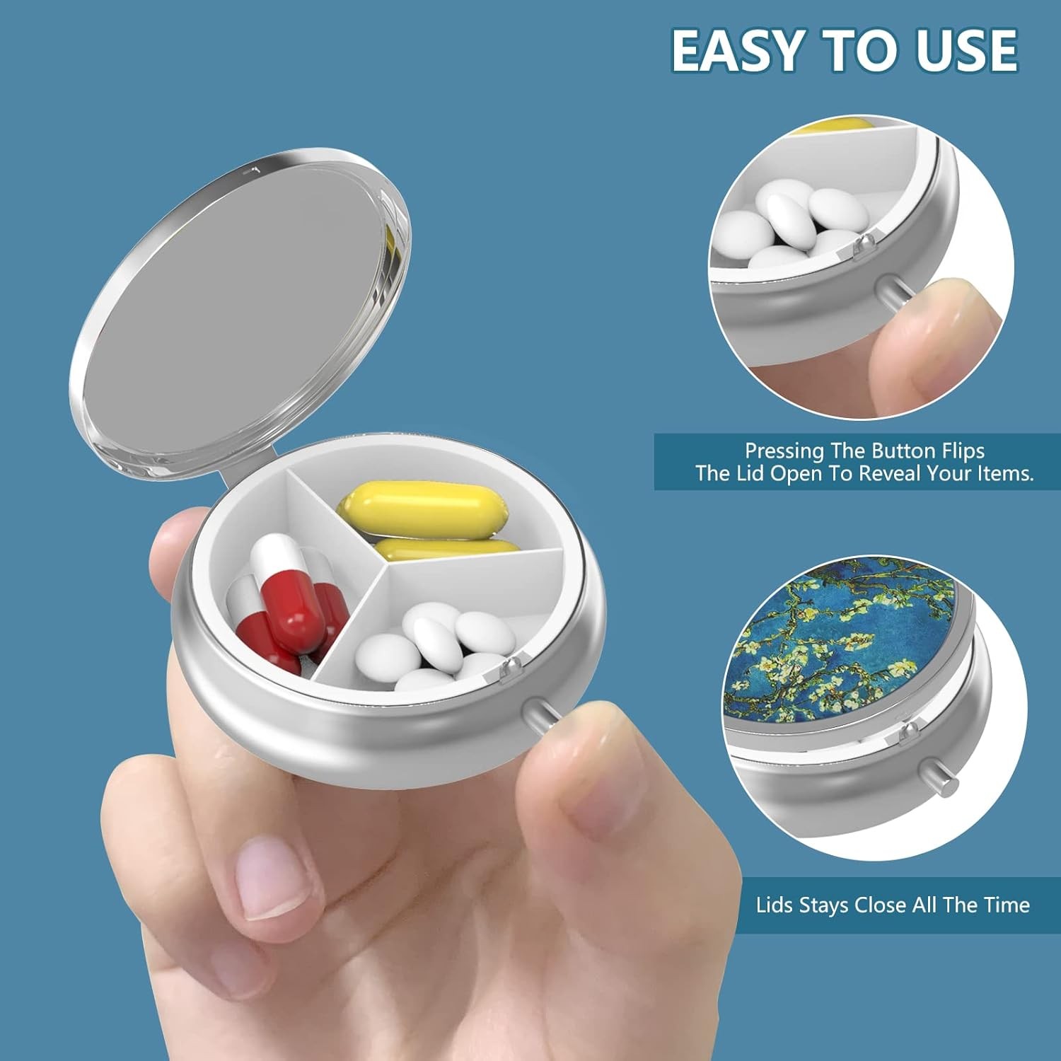 Pill Box 3 Compartment Small Pill Case,Portable for Pocket Purse Pill Organizer