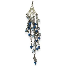 Long Silver Tone Chandelier Pendant | Blue Beaded Dangle Statement Charm