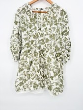 ZARA Floral Eyelet Cotton Blend Button Shirt Mini Dress XL White Green Floral