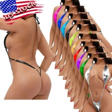 Women's Shiny Metallic V-Neck Bikinis Extreme Micro G String Thong Swimsuit