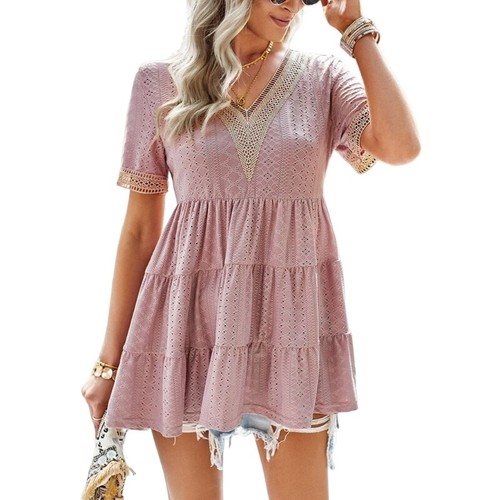 Women Babydoll Blouses V-Neck Tunic Tops Summer Casual Loose Ruffle Sleeve Tops - Picture 15 of 24