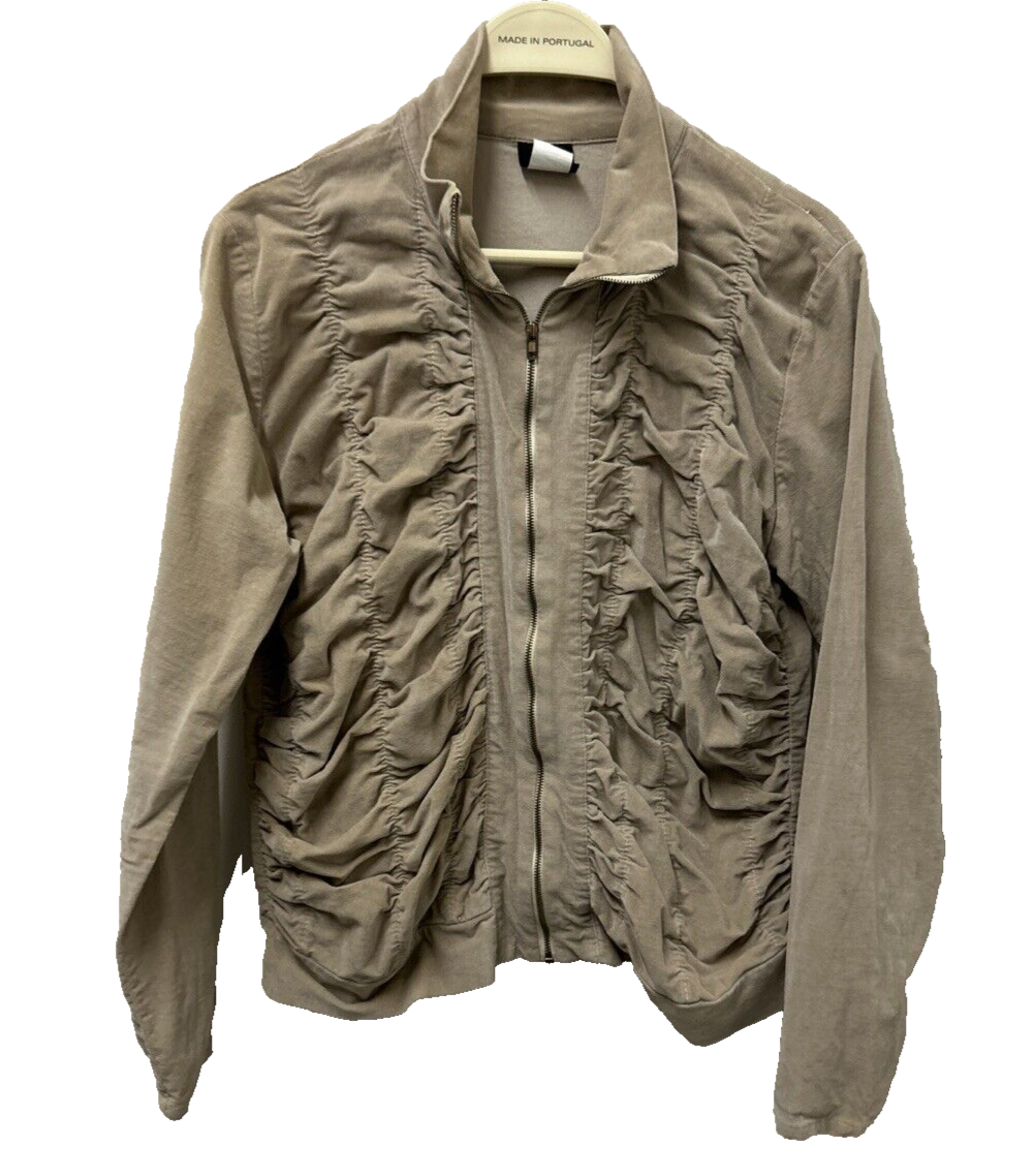 Vintage Navi Womens  Jacket Tan Lightweight Y2K Corduroy Ruched Zip Fall Coat