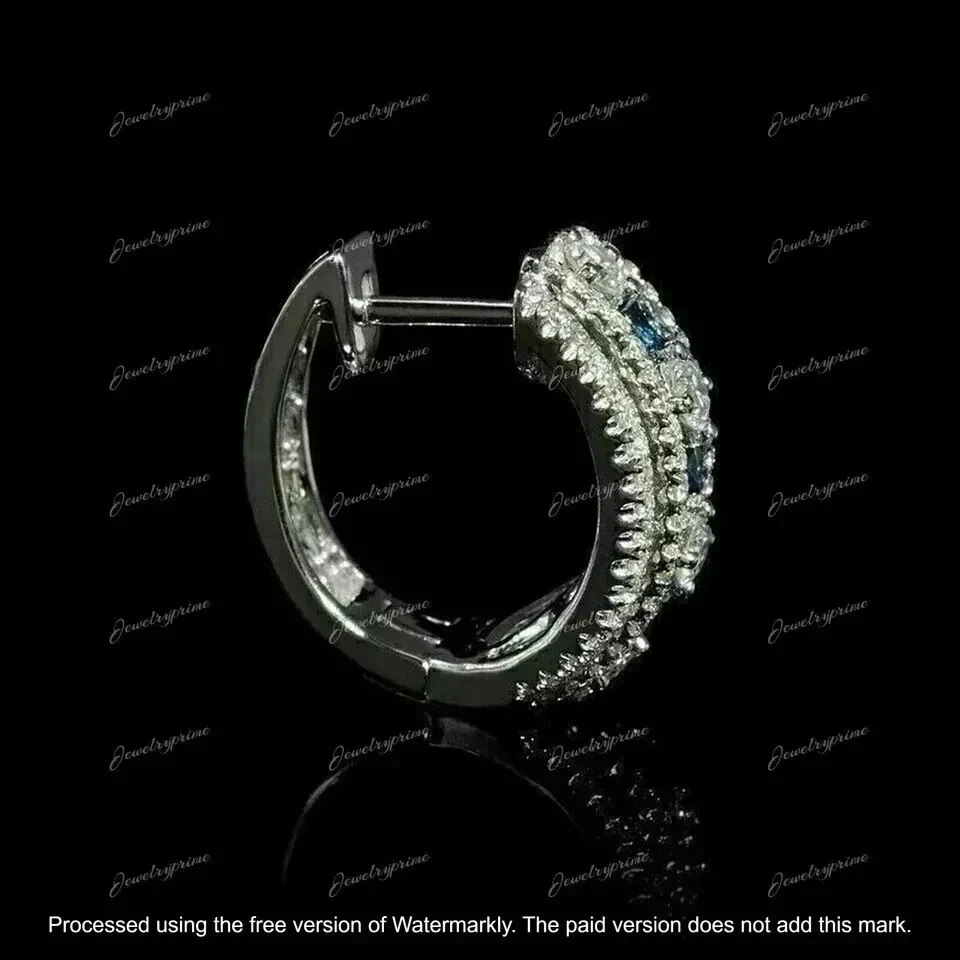 3CT Round Cut Lab Created Blue Sapphire Women's Hoop Earring 14K White Gold Over - Image 3 of 3