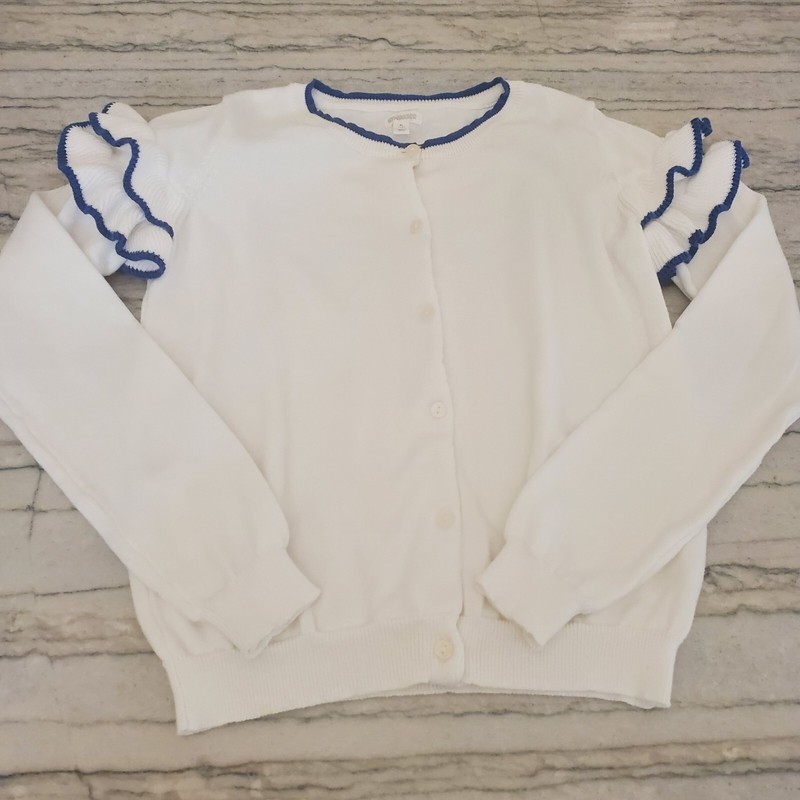 Gymboree Girls White with Blue Accents Ruffle Cardigan Sweater Size XL 14