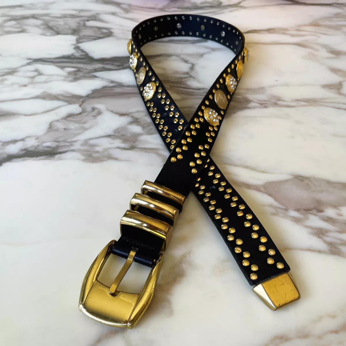 GIANNI VERSACE belt black leather studded rhinestone Medusa head