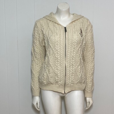 Irelands Eye Sweater Women's M Ivory Wool Aran Classics Hooded