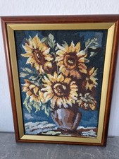 Gobelin Stickbild mit Rahmen Sonnenblumen in Vase gebraucht handmade