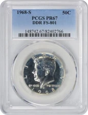 1968-S Kennedy Silver Clad Half Dollar DDR FS-801 PR67 PCGS
