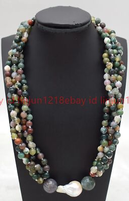 4 Reihen 6 mm mehrfarbig indischer Achat runde Edelsteine   weiß Barock Perle Halskette 16-24 Zoll