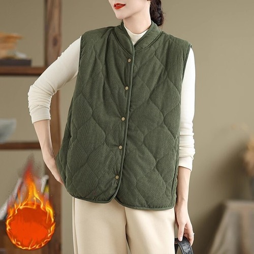 Damen Cord Stehkragen Fleece Gefüttert Ärmellose Weste Winter Warm Weste - Bild 8 von 10