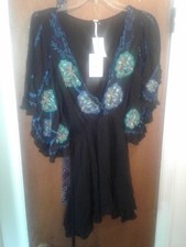 New Free People Womens Cora Black Embroidered Tassel Mini Dress s
