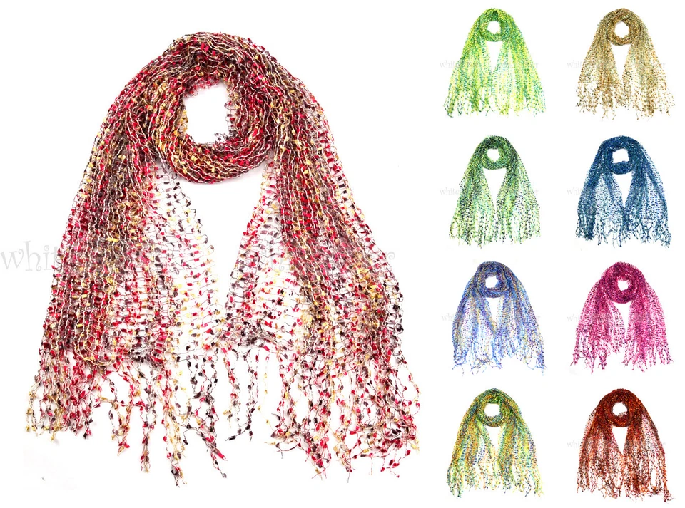 WHITE DEER 66" Wide Crochet Confetti Spring Summer Scarf Knit Multi Color Fringe Fashion