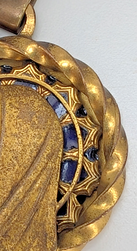 Médaillon de 1925 de la vierge Marie bronze doré pate de verre bleuté A.AUGIS - Photo 7/12