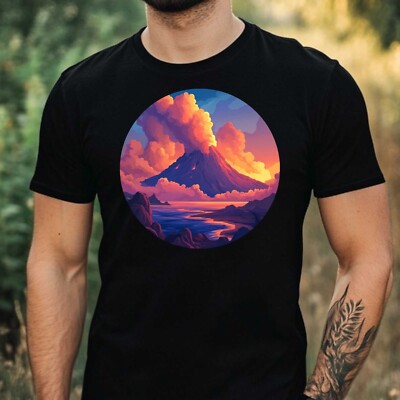 Mens Volcano Landscape Motif Cotton T-Shirt Size XS to 5XL