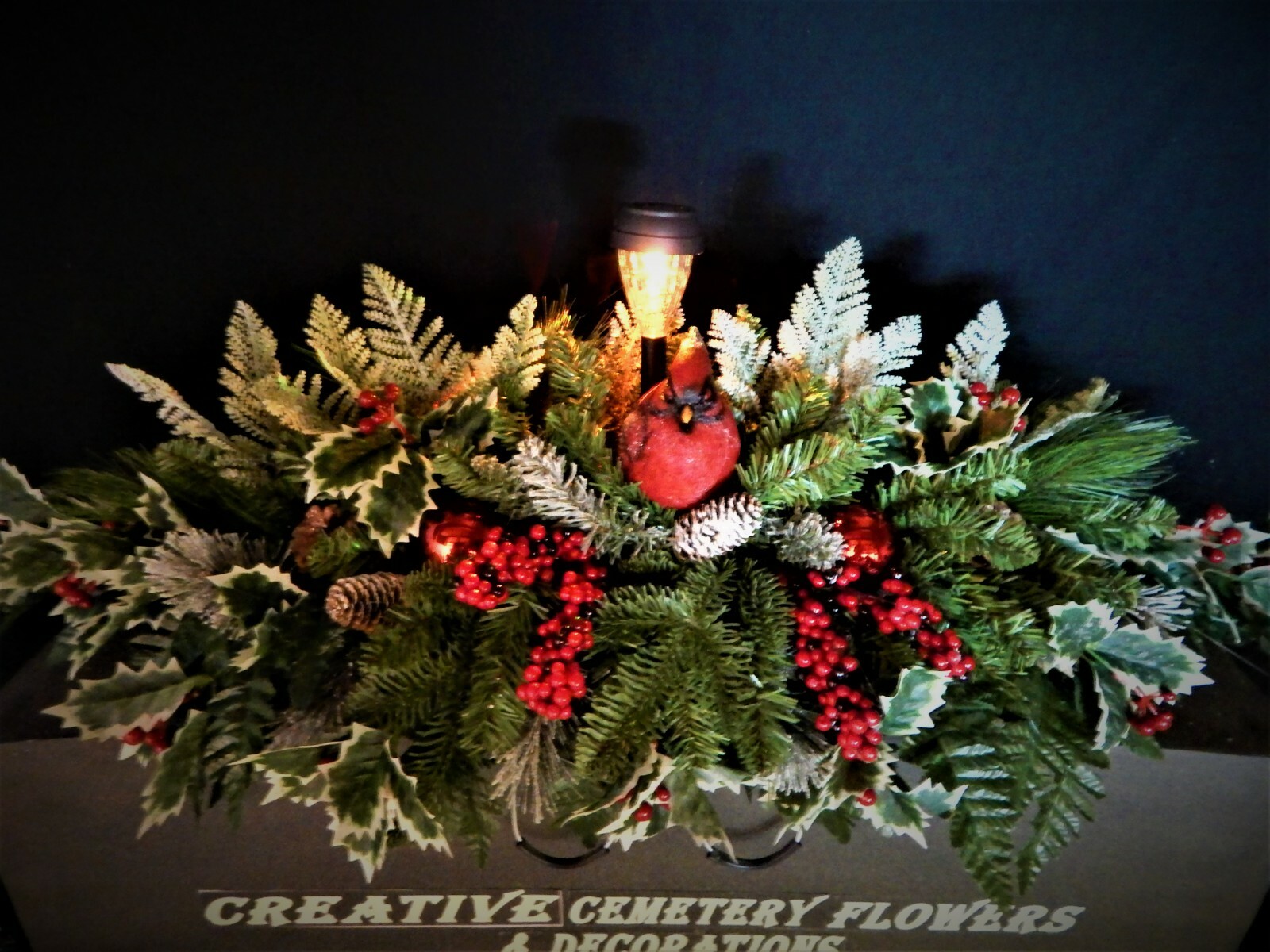 Cardinal, Solar Light Christmas/Winter Cemetery Flower Double Headstone
