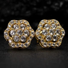 Big Yellow Gold Sterling Silver Iced Moissanite Flower Cluster Stud Earrings