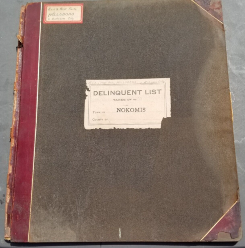Liste des délinquants taxes de Nokomis 1912 Hillsboro Illinois carte plaque Montgomery Cty - Photo 1 sur 10