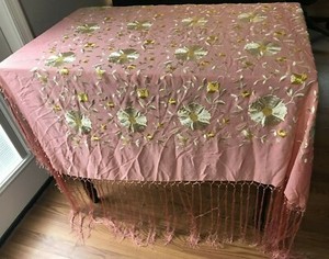 Antique Early 20thC Chinese Silk Embroidered White Flower Bird Coral Piano Shawl