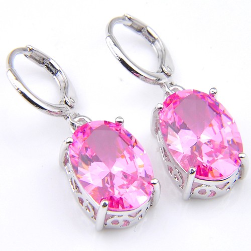 Woman Holiday Gift Handmade Sweet Pink Topaz Gems Vintage Silver Earrings 1 3/4" - Picture 2 of 6