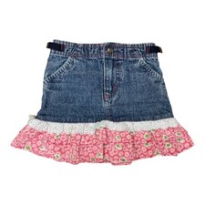 Vintage Lee Girls Size 6 Adjustable Waist Denim Jean Skirt Ruffle Flowers Lace