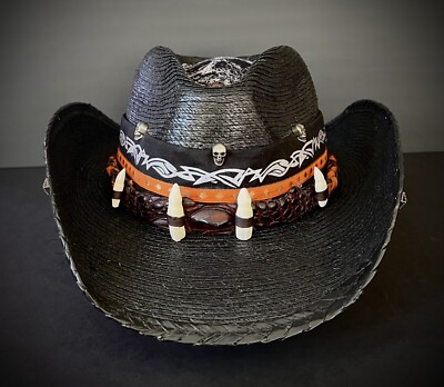 Cowboy Hat genuine Leather Band Skull Biker Style Straw  display picture 1
