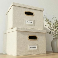 Decorative File Organizer Box Set of 2 Collapsible Linen Filing Cabinets W/
