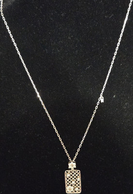 Silver 925 Metal Rectangle Flower Lattice Crystal Pendant Cable Chain Necklace