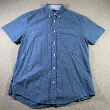 Tommy Hilfiger Mens Custom Fit Short Sleeve Blue Linen Cotton Shirt