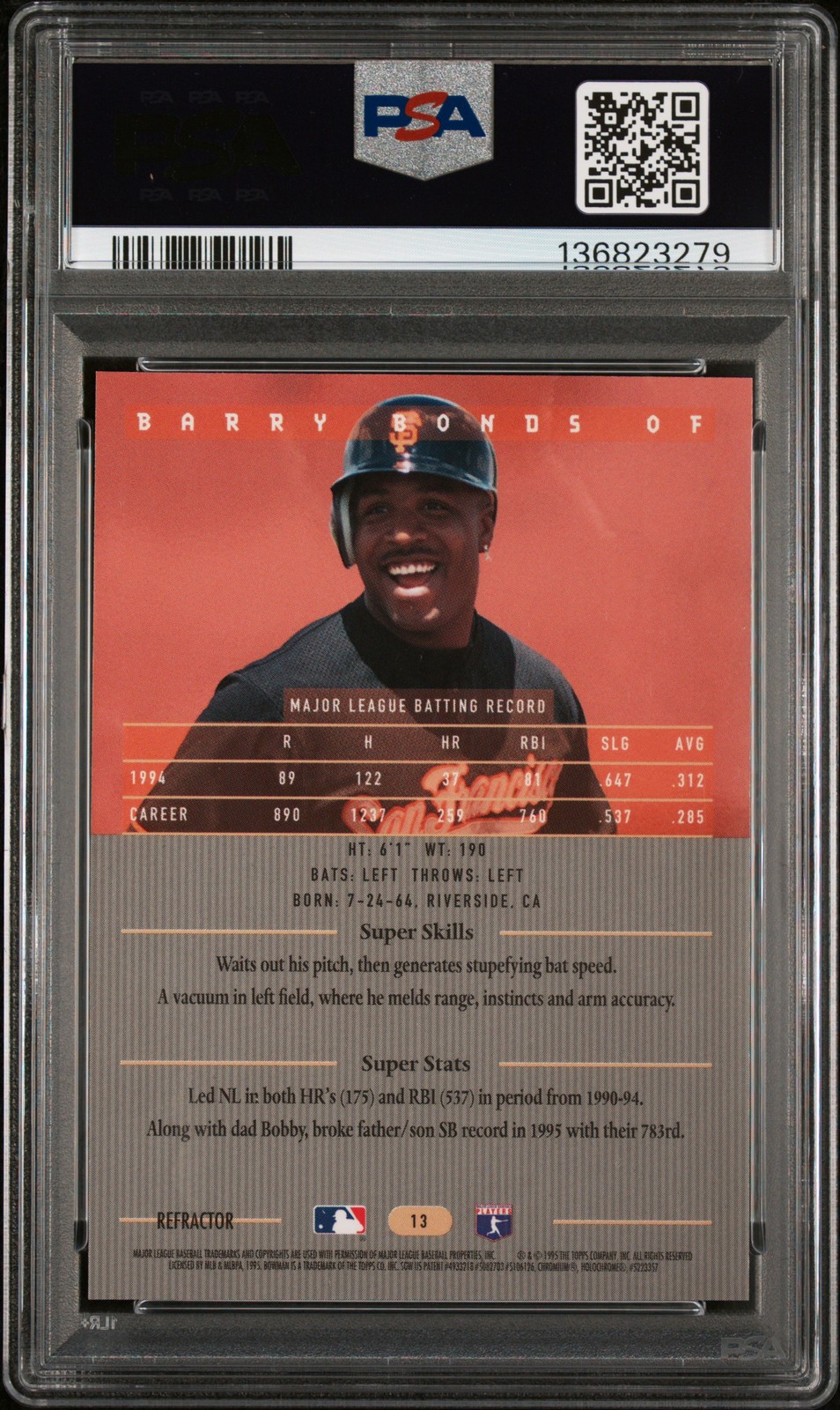 1995 BOWMAN'S BEST RED REFRACTOR #13 BARRY BONDS PSA 7 view 2