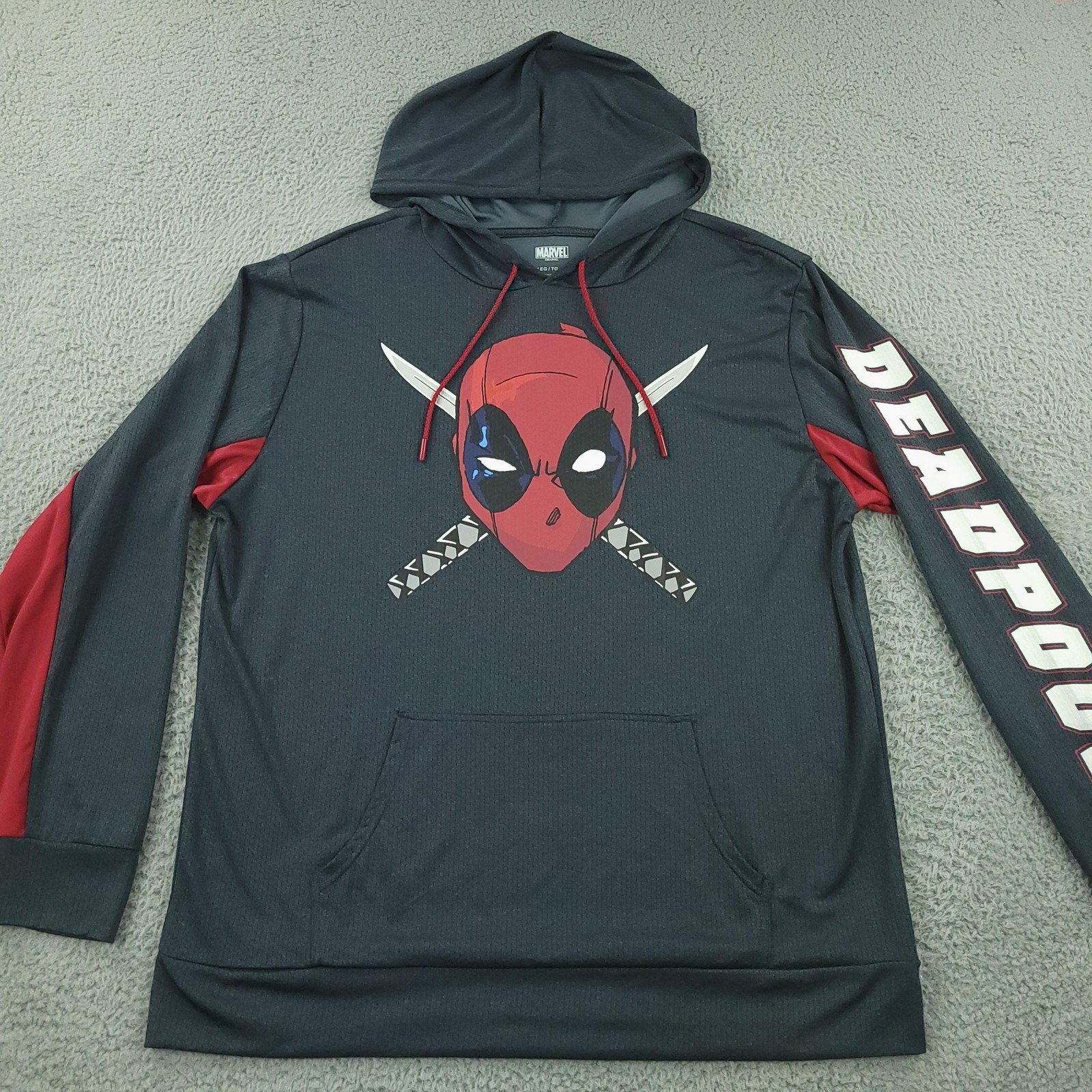 Marvel Deadpool Hoodie Mens XL Gray Pullover Graphic Long Sleeve Kangaroo Pocket